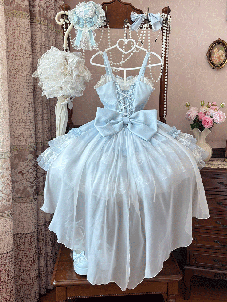 Mehrlagiger großer Balletcore-Schnürrock mit entbeinter Taille, süßer Lolita-Pullover, Schleppe, Schleifenrock, blau-weiß mit Saumspitze und