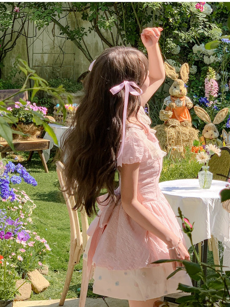 Pink Bowknot Detail Neckline Tiered Skirt Hem Sweet Dress Colorful Polka Dot