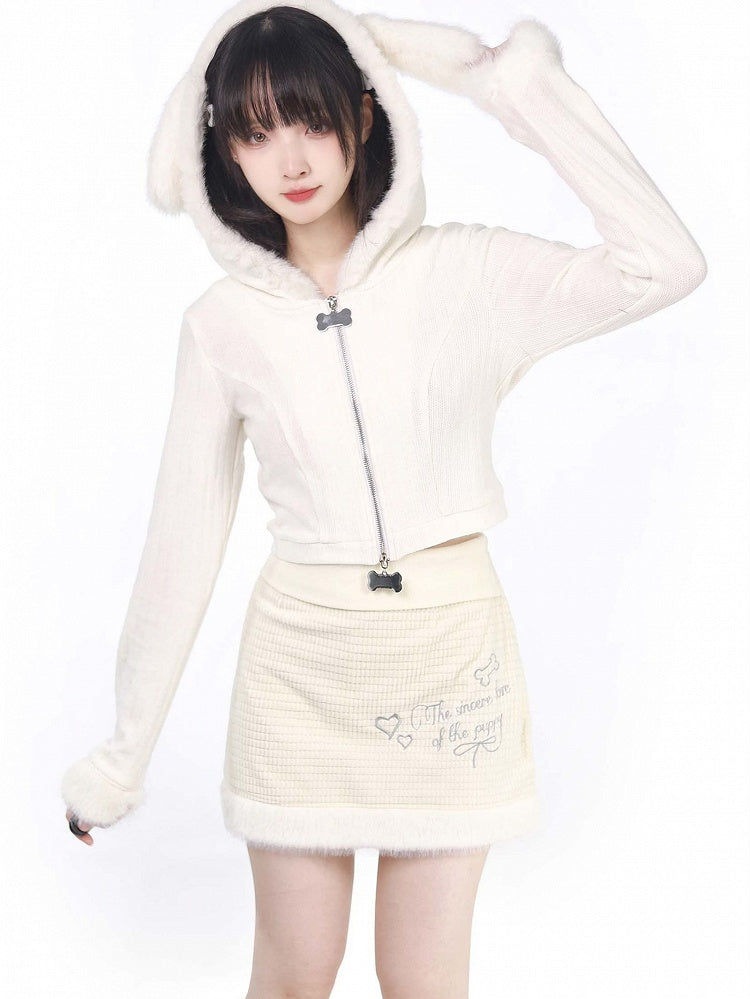 Cardigan Puppy Ears Hooded White Plush