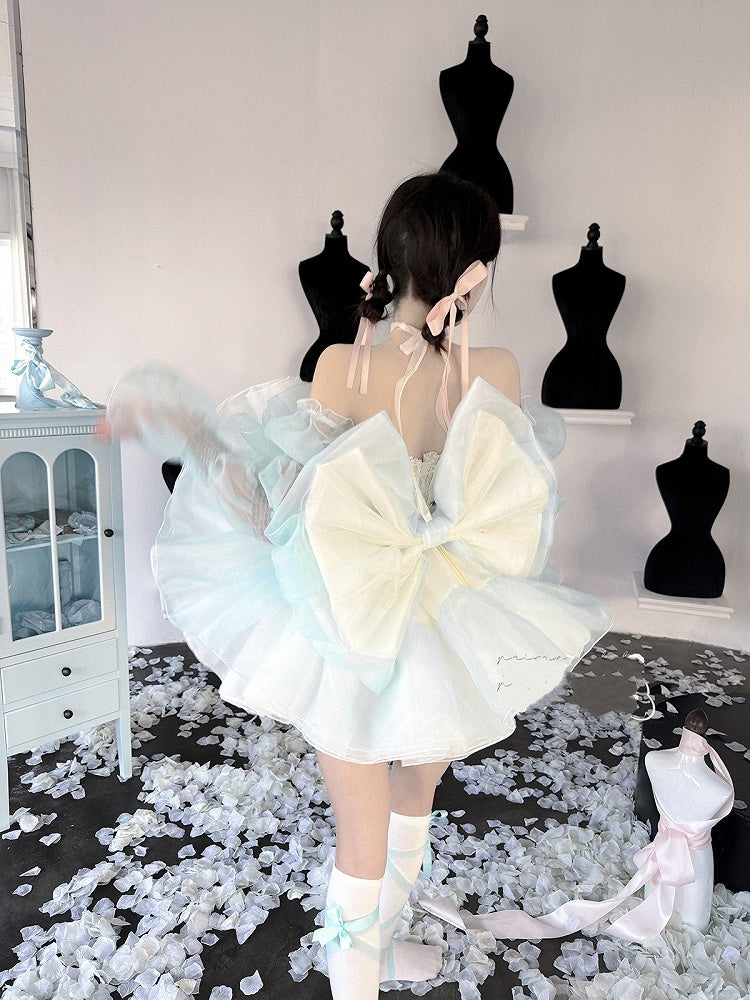 Green Bowknots Decoration Bodice Corset Top with and Puffy Skirt Yellow Set Balletcore