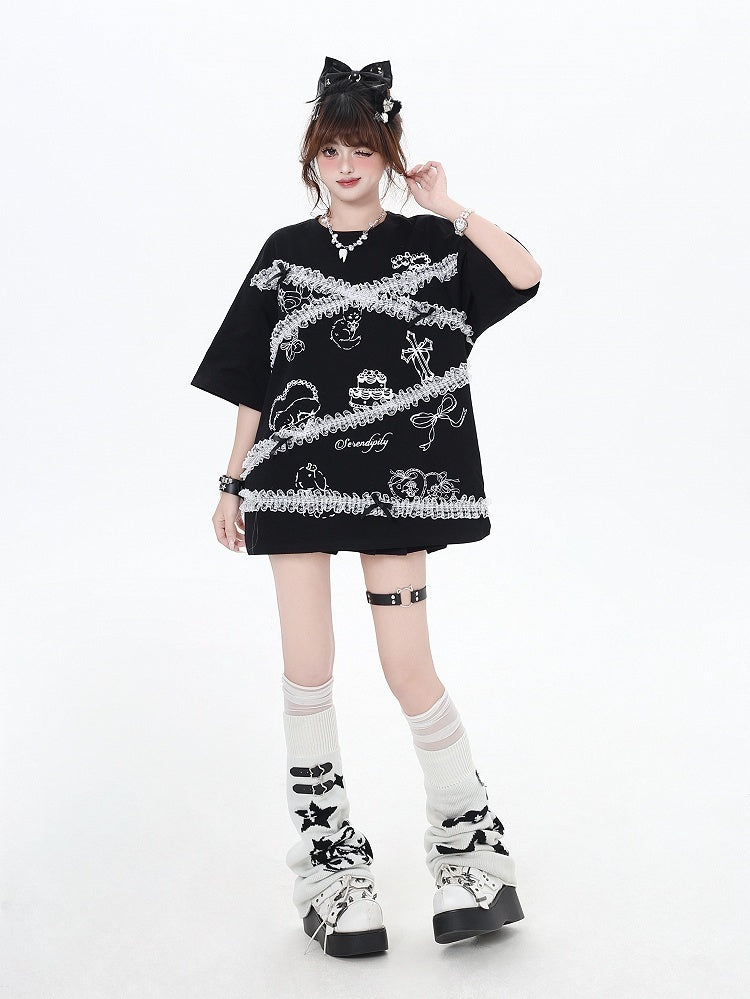 Lace Trim T-Shirt Neck Loose Black/White Cartoon Print Bittersweet Round