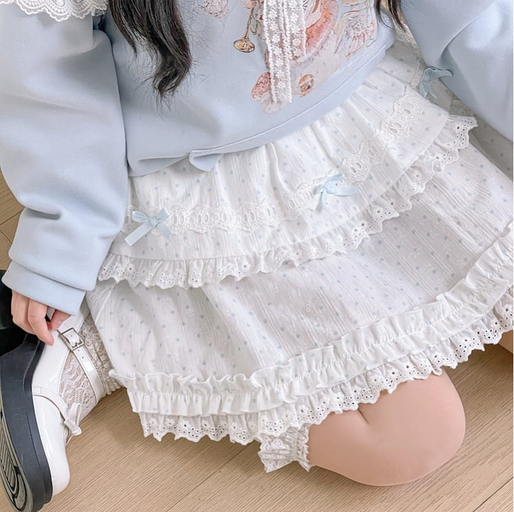 ブルー/ピンクの水玉模様の蝶結び、フリルのレーストリムのティアードスカート