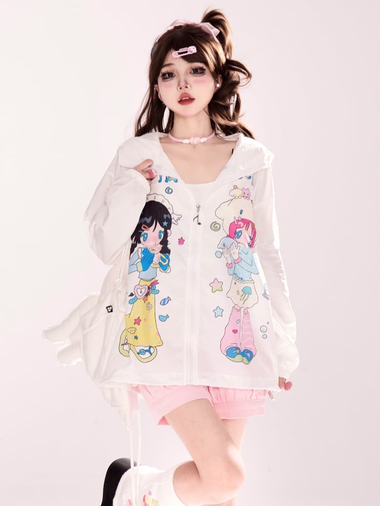Zip-up Hooded Jacket Cartoon Girl Print White Y2K