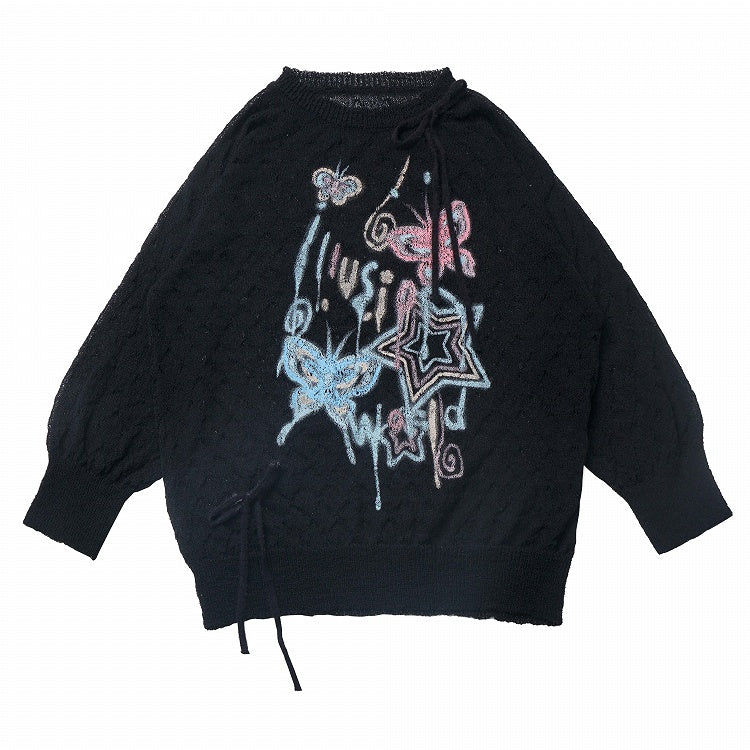 Semi-sheer Butterfly and Star Color Print Sun Protection Top Macaron Black/White