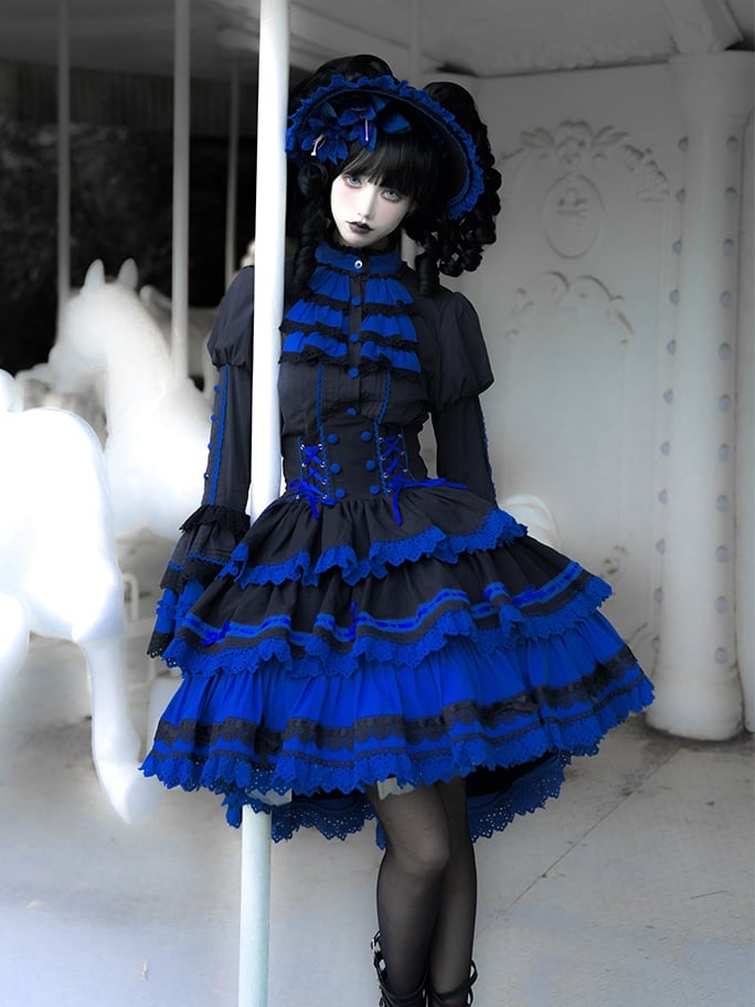Layered Lolita Gothic Blue Waist Skirt High Black Klein and Corset