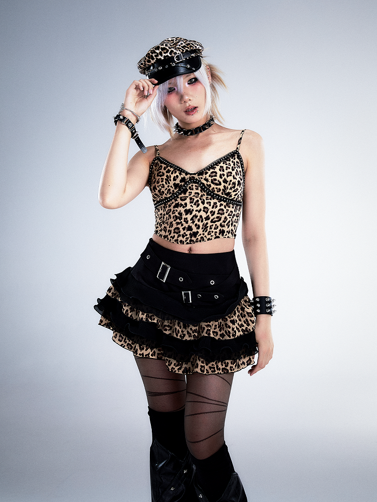 Criss-cross-Taillengürtel Schwarzer Leoparden-Punk-Spitzen-Stufen-Minirock