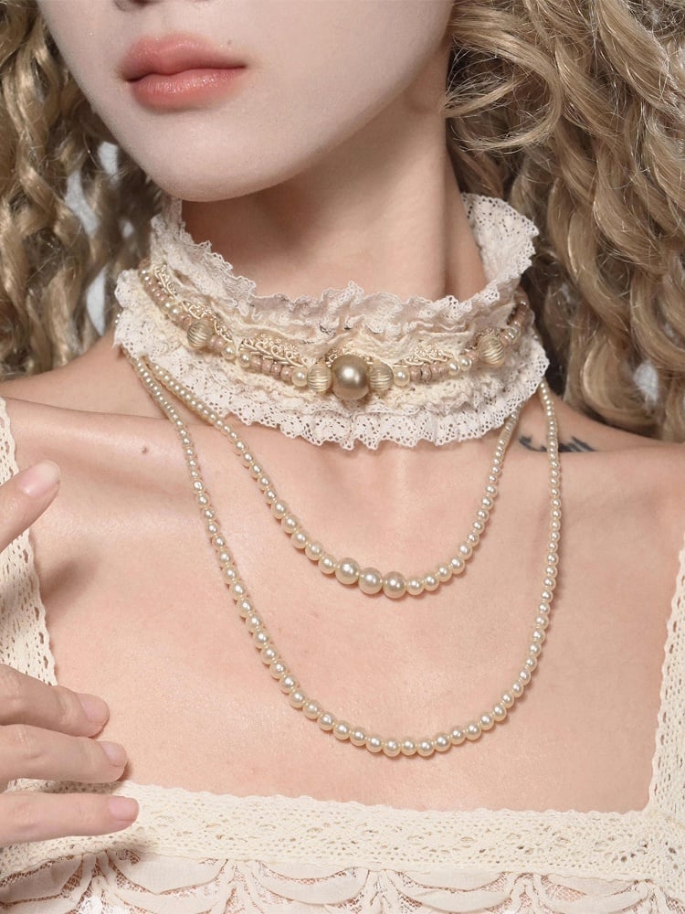 Choker Cream Lace with Bead Detachable Chain