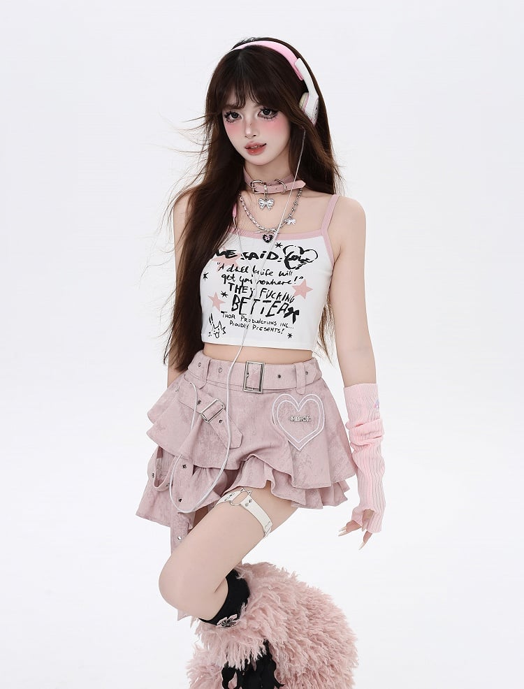 Asymmetrical Applique Y2K Pink Sweetheart Bittersweet Tiered Skirt