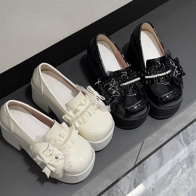 for Lolita Ruffles Platform Shoes Trim High - Block White Heel