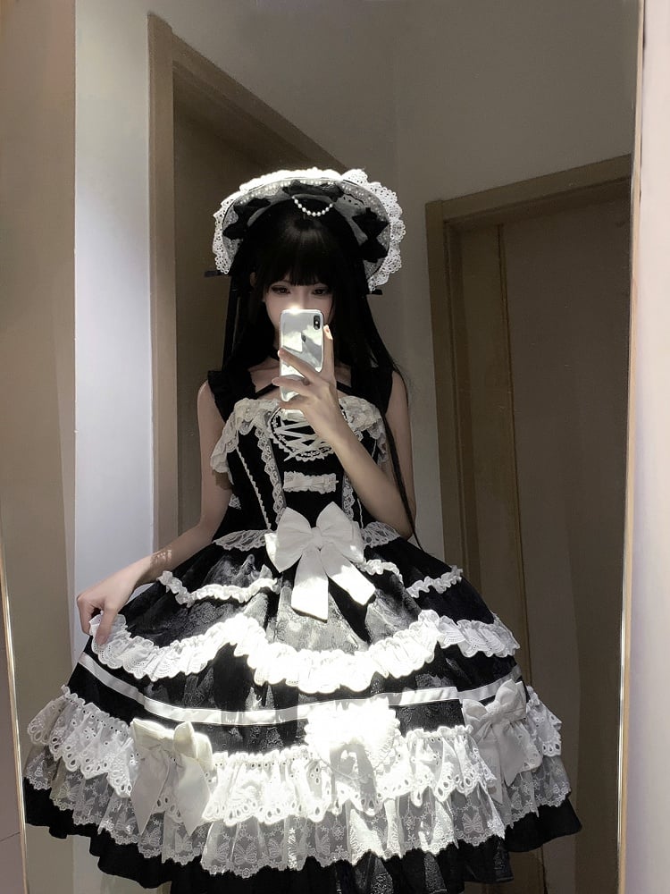 Schwarz-weißes Old School Lolita-Kleid mit Schleifen und herzförmiger Dekoration, Prinzessinnen-Lolita-Pulloverrock