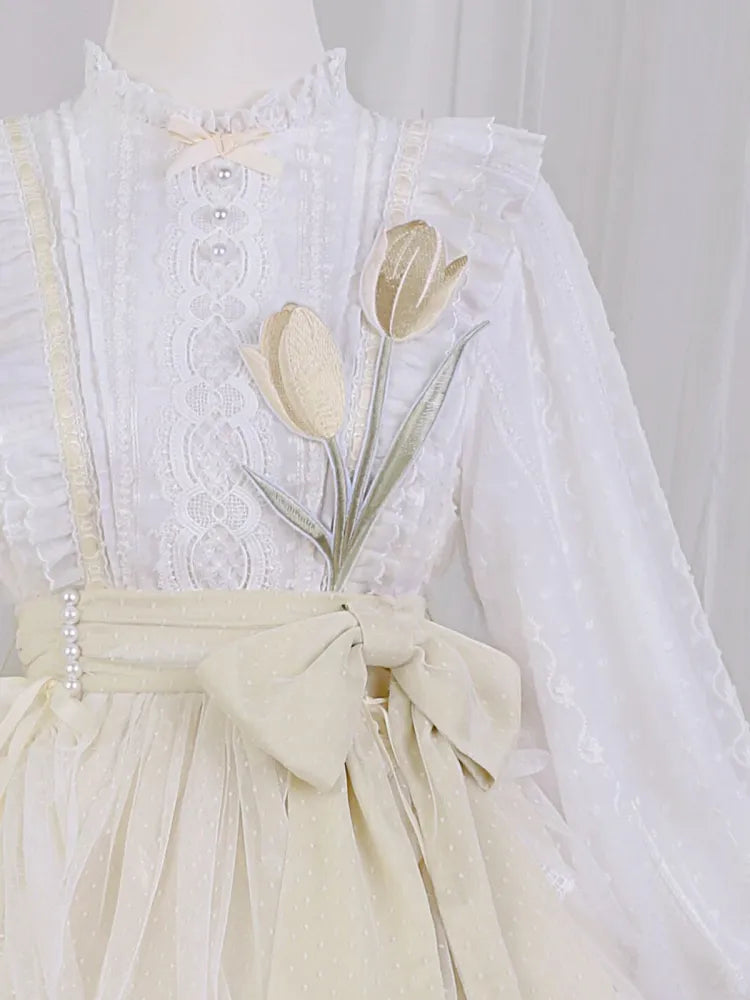 White and Yellow Tulip Embroidery Applique Bodice One Piece