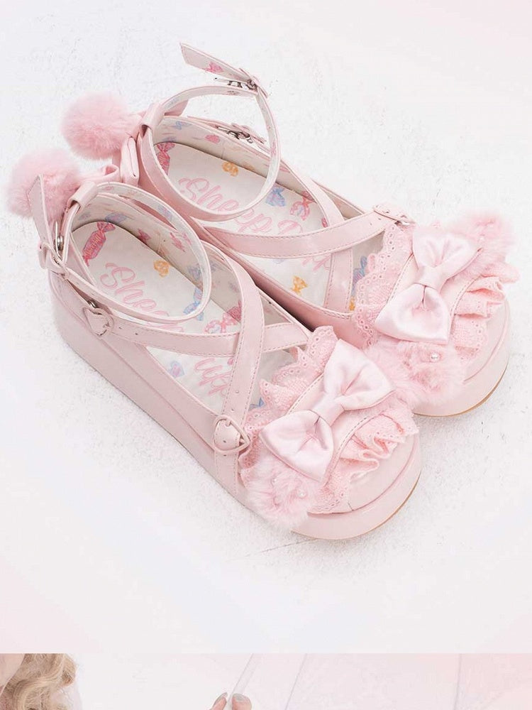 Plush Bow Platforms With at Decorated Pompon Ear Crisscross Pink Bunny Top Design