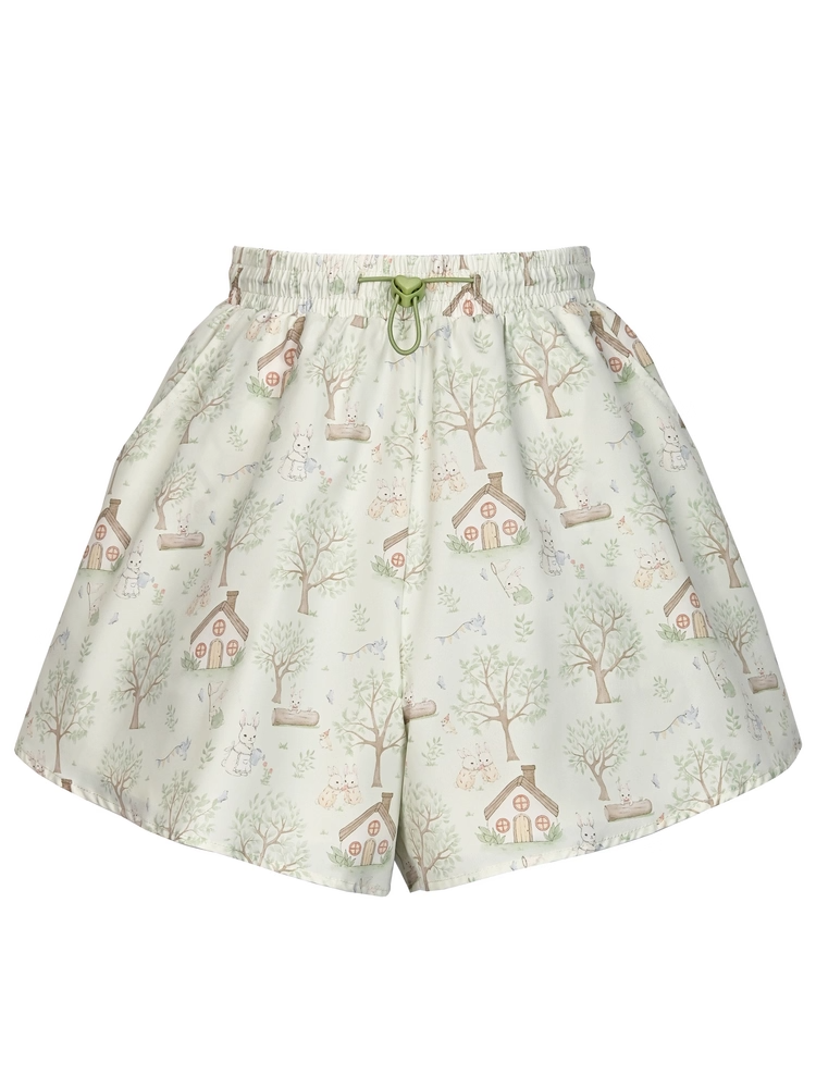 Drawstring Waist Wide-leg Shorts Adorable Bunny Print Green