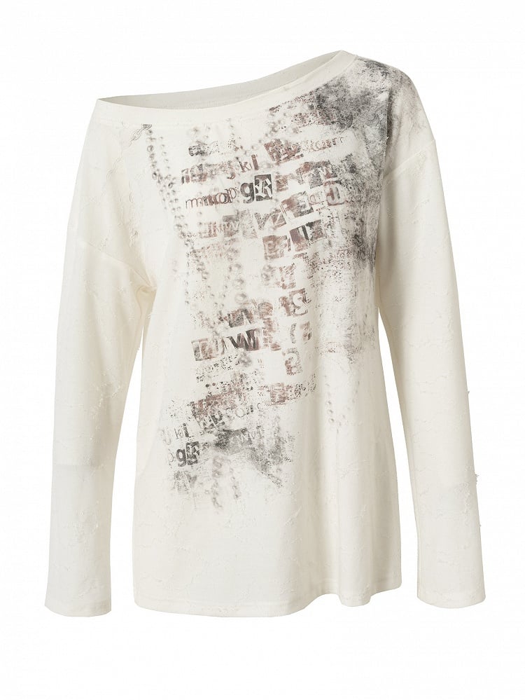 Wasteland Punk Letter Long Top Asymmetrical Blue/Beige Sleeves Neckline Print