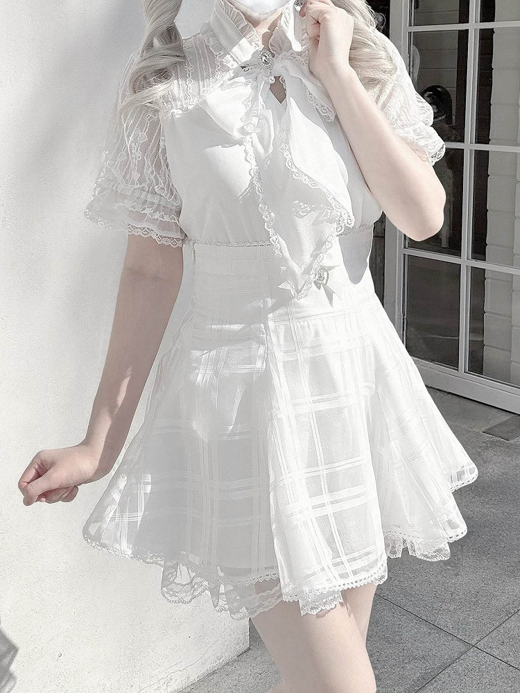 Back with Organza Plaid White Detail Kei Jirai Lace-up Skirt