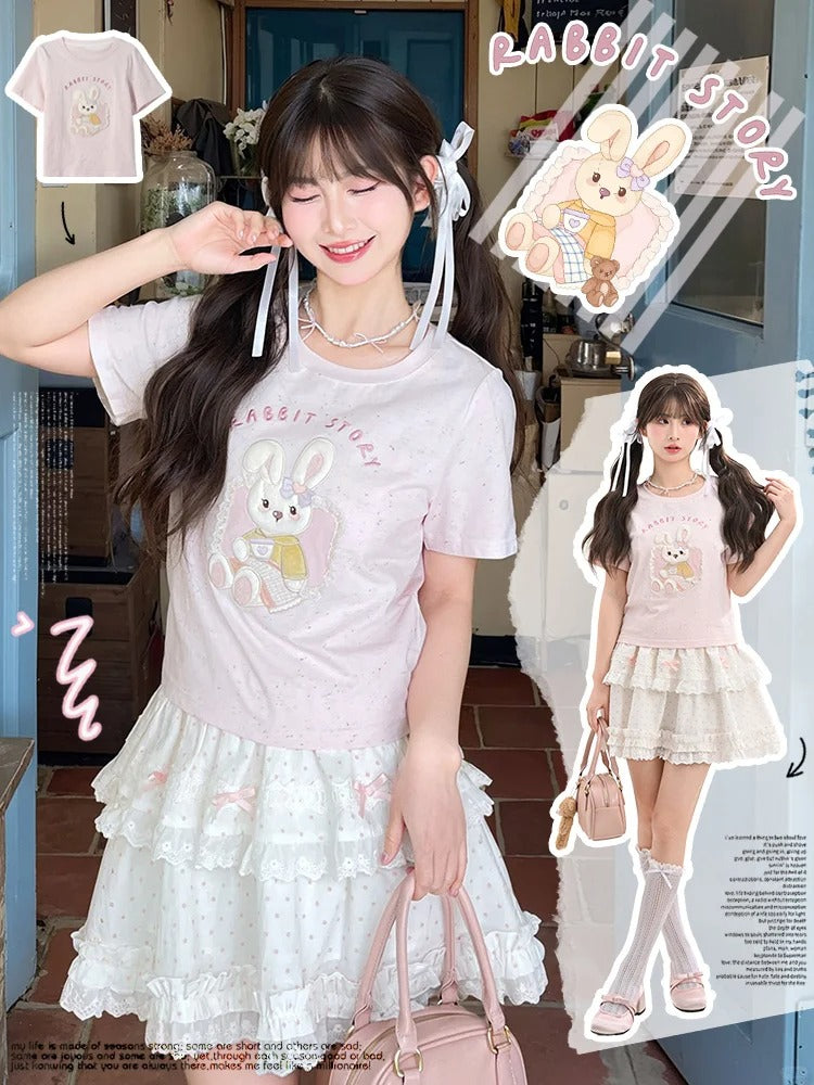 Pink Yume Adorable T-Shirt Bunny Applique Round Neck Kawaii
