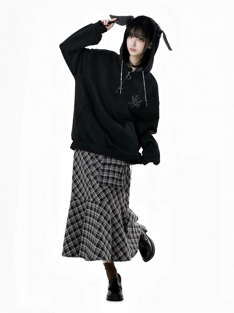 Ankle Black and White Plaid Pocket Length Mermaid Skirt Detail
