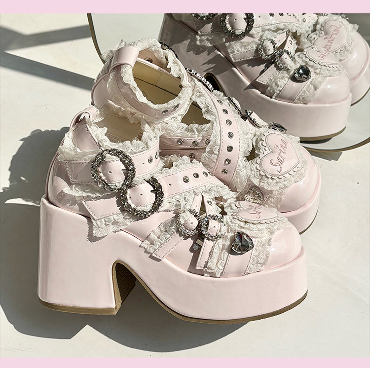 Rhinestone Decor Block Platform Heel with Heels: - Buckle Straps Kei Criss-Cross Pink Chunky Lace High Jirai