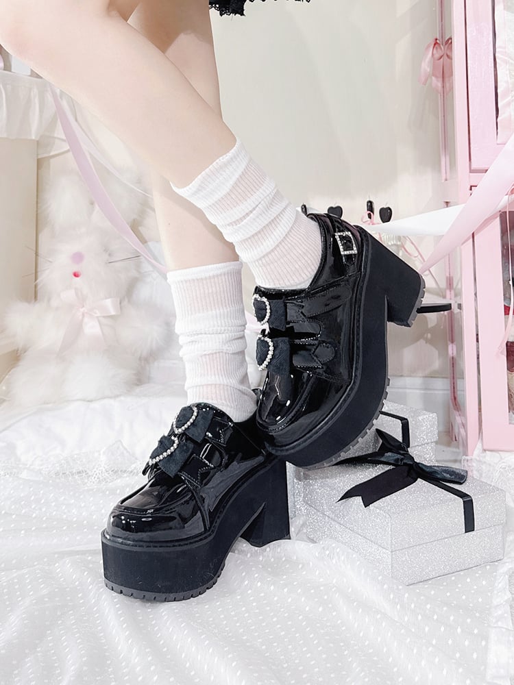 Polished Black Jirai Kei Rhinestone Heart Bowknots Velcro Strap Closures Landmine Style Platform Shoes