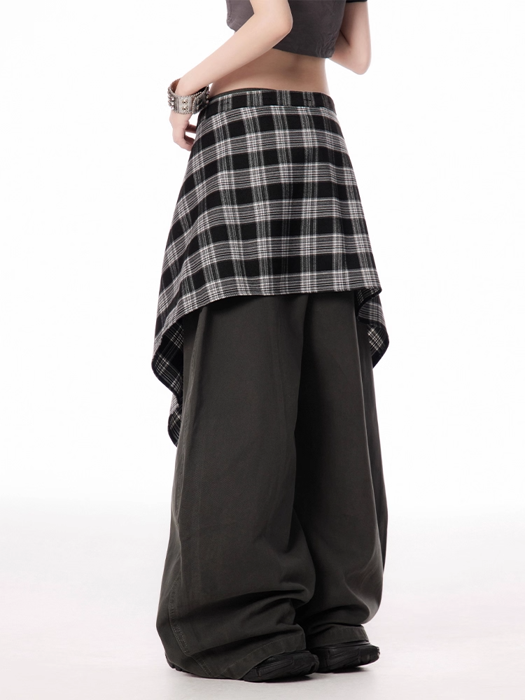 Rise Vintage Gray/Brown Dark with Plaid Waist Accessory Wide-leg Pants Low