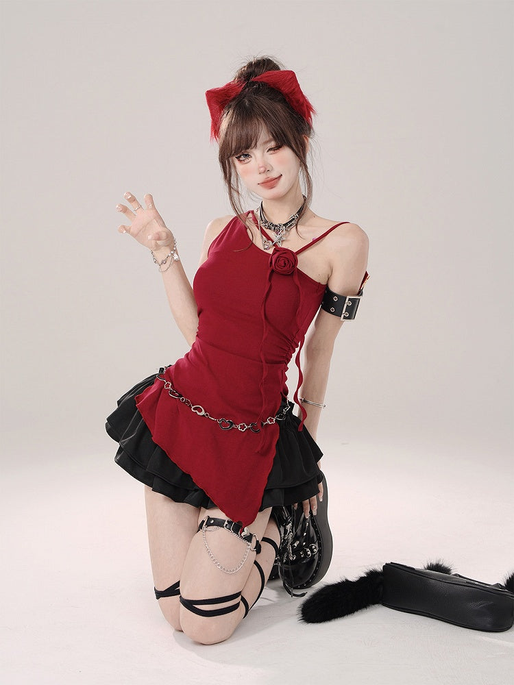 Asymmetrical Shoulder Sleeveless Top with Rose Accent Red