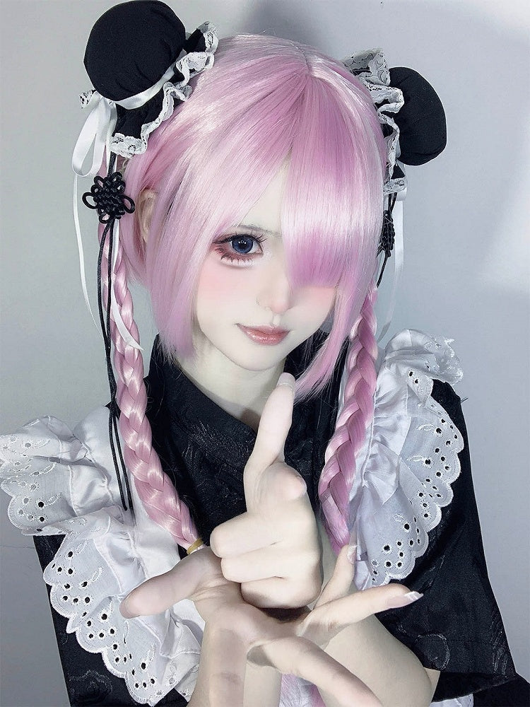 Full Clips 30CM Wig Pink + Short Ponytail With 55CM Bangs Claw Straight Double Braided