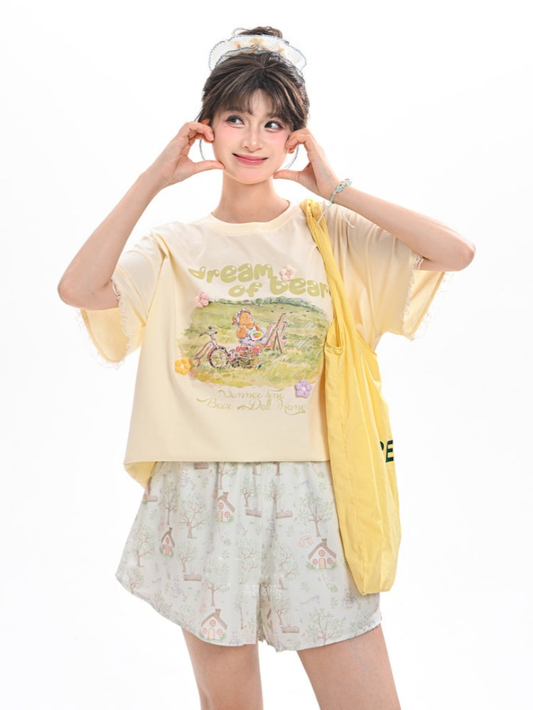 Drawstring Waist Wide-leg Shorts Adorable Bunny Print Green