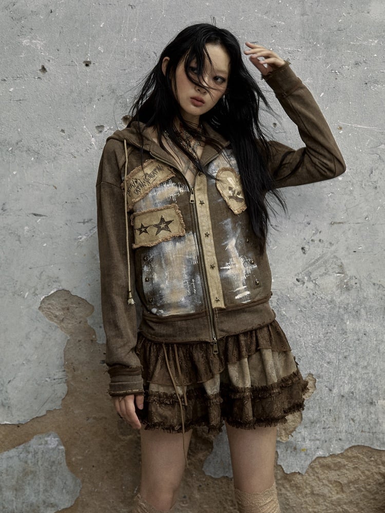 Kaffeefarbener Vintage-Minirock mit niedriger Taille und asymmetrischer Spitze