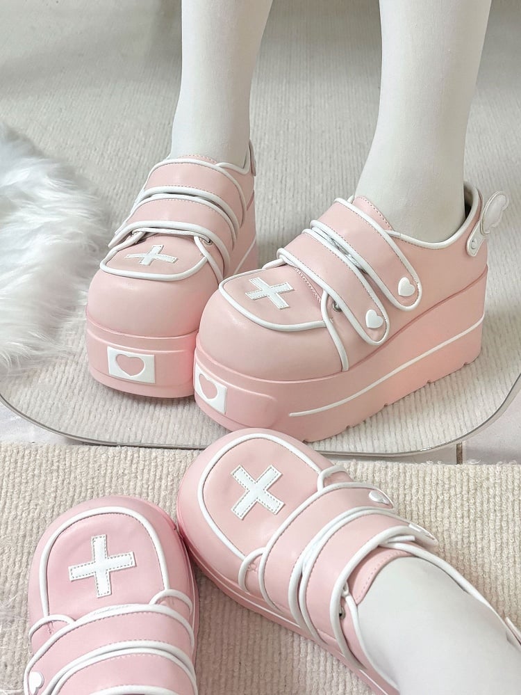 Pink Yami Kawaii Cross Design Platform Shoes