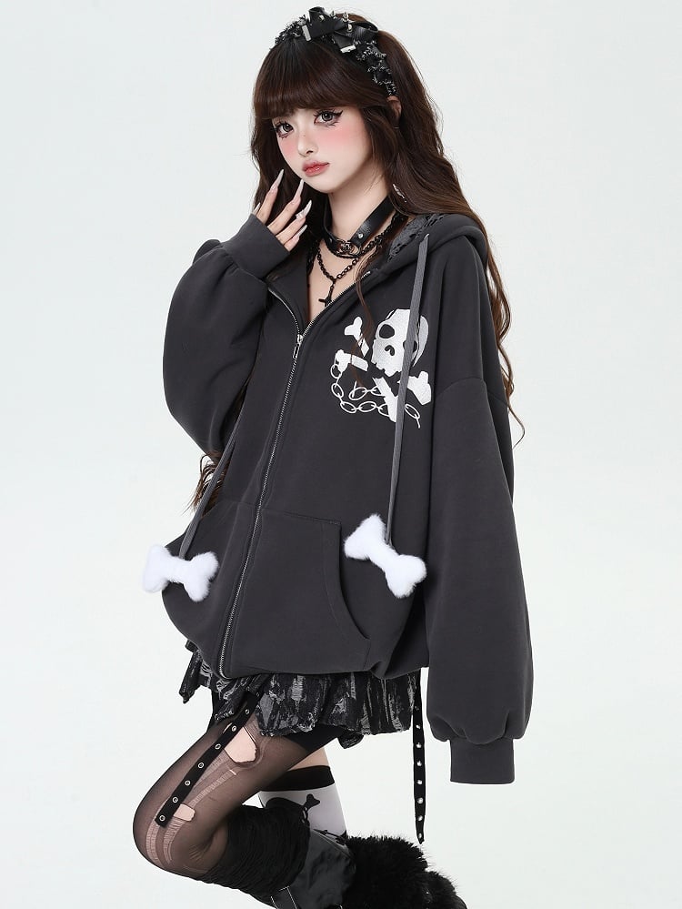 Y2K Skelett Print Hasenohren Kapuze Punk Zip Hoodie