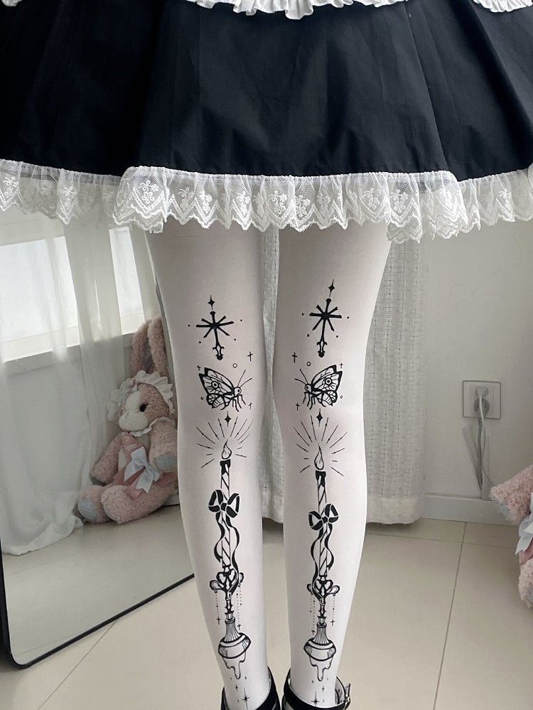 Tights Butterfly and Candelabra Print Gothic Lolita White