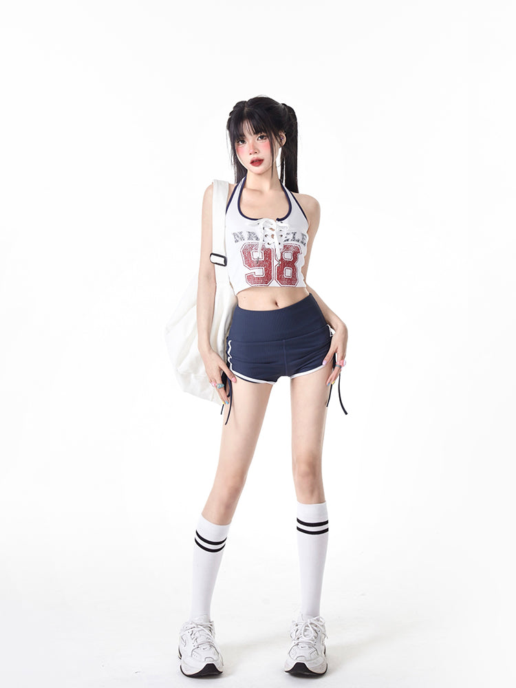 Crisscross Black Lace-ups Letter with Halter Top White Red Crop Print