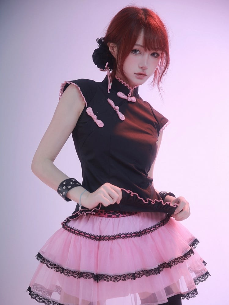 Haut noir sans manches à boucle cheongsam