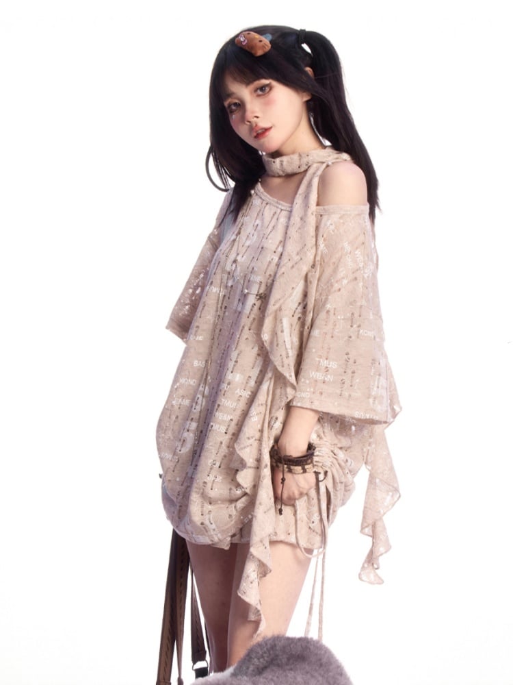 T-shirt with Holes Free Khaki Asymmetrical Neckline Letter Print Distressed Scarf