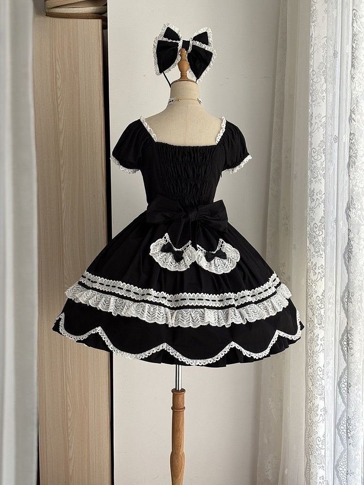 Lolita Sleeves Black Old Short Neckline School Piece Puff Square One and Dress Cotton