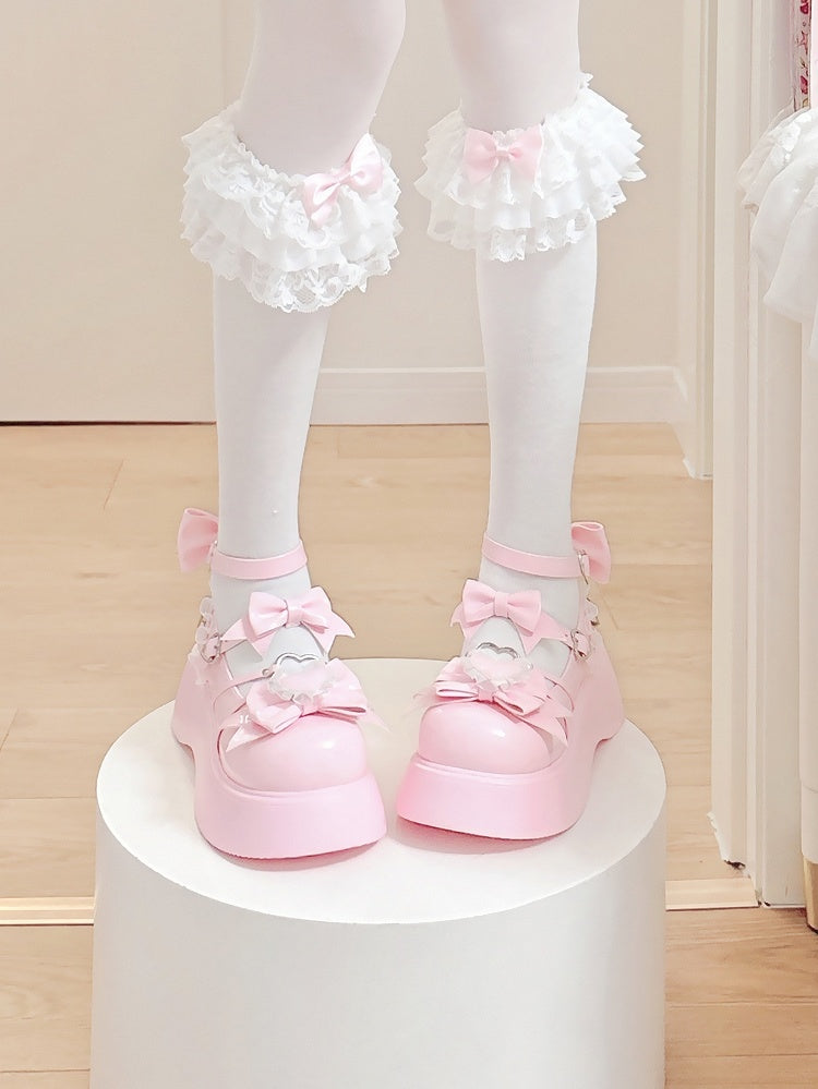 Bow Lace - Trim Heart Platform Details Janes Accents Sweet PU Pink Mary with Lolita