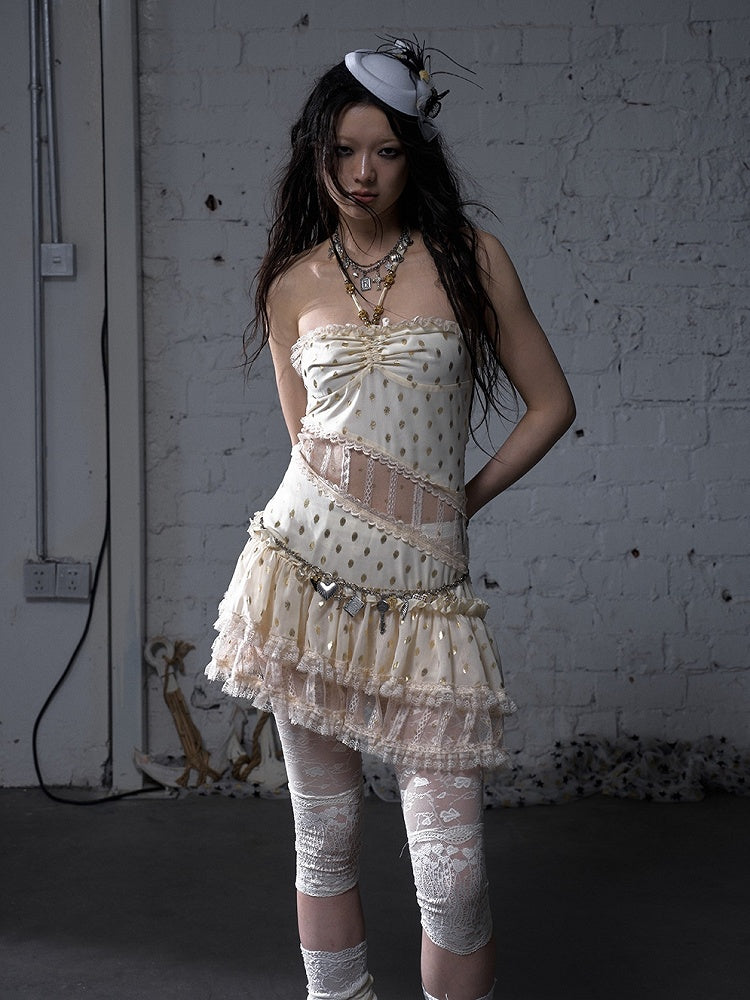 Beige/Black Neck Waist Polka-dot Vintage Halter Lace Patches