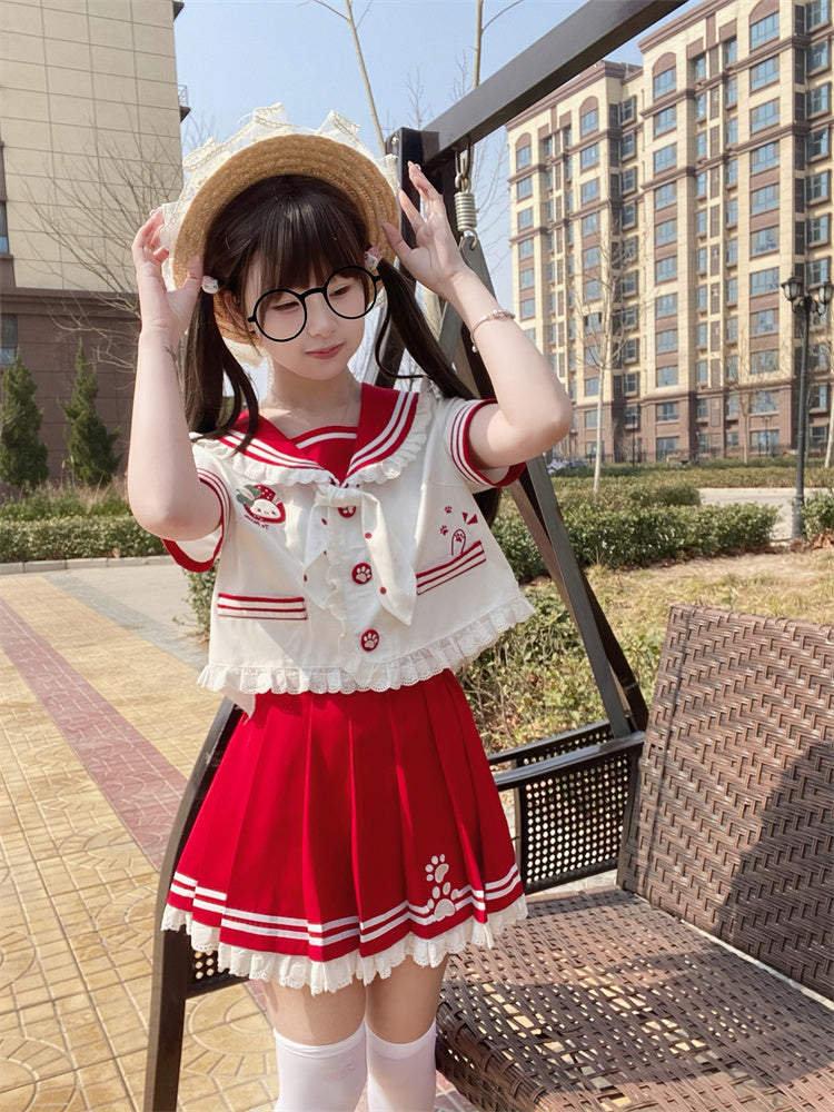 レースJK制服 ピンク/レッド プリーツスカート トリム フリル