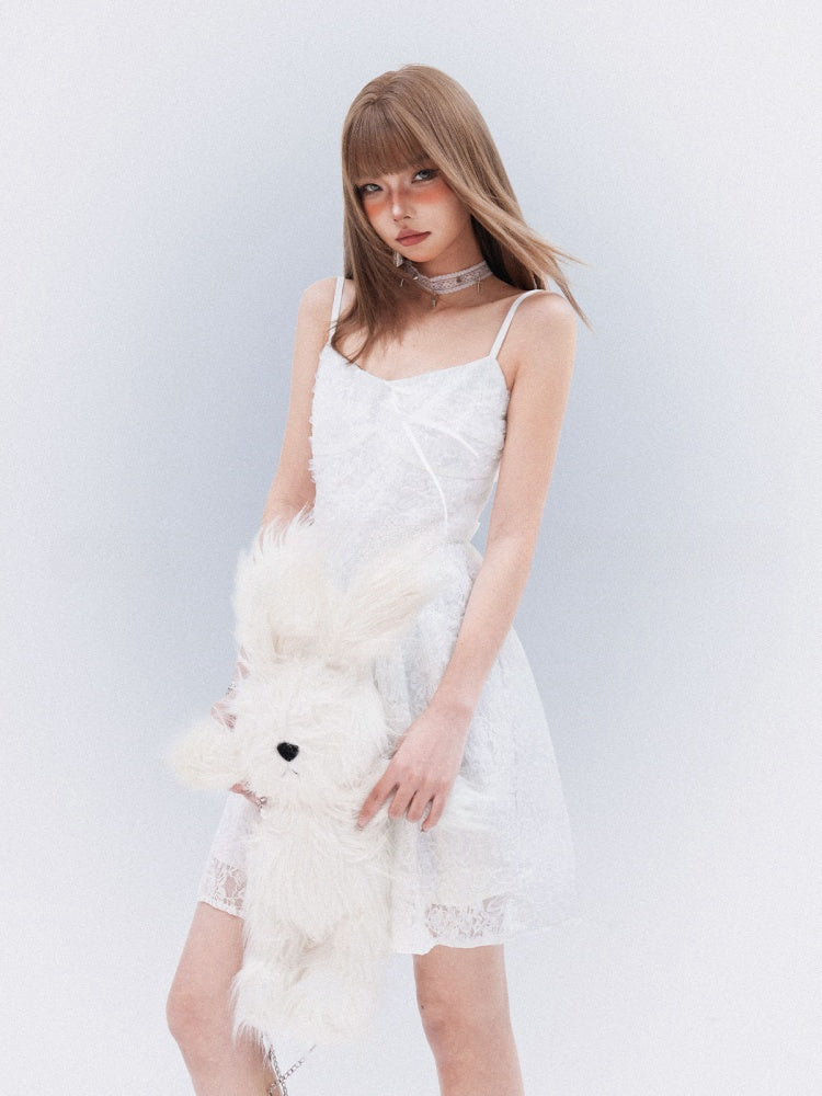 Cami Dress with Self-Tie Bow Elegant Lace White Thigh-length