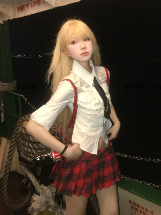 Black White Shirt/Red Skirt Pleated Style Plaid Preppy