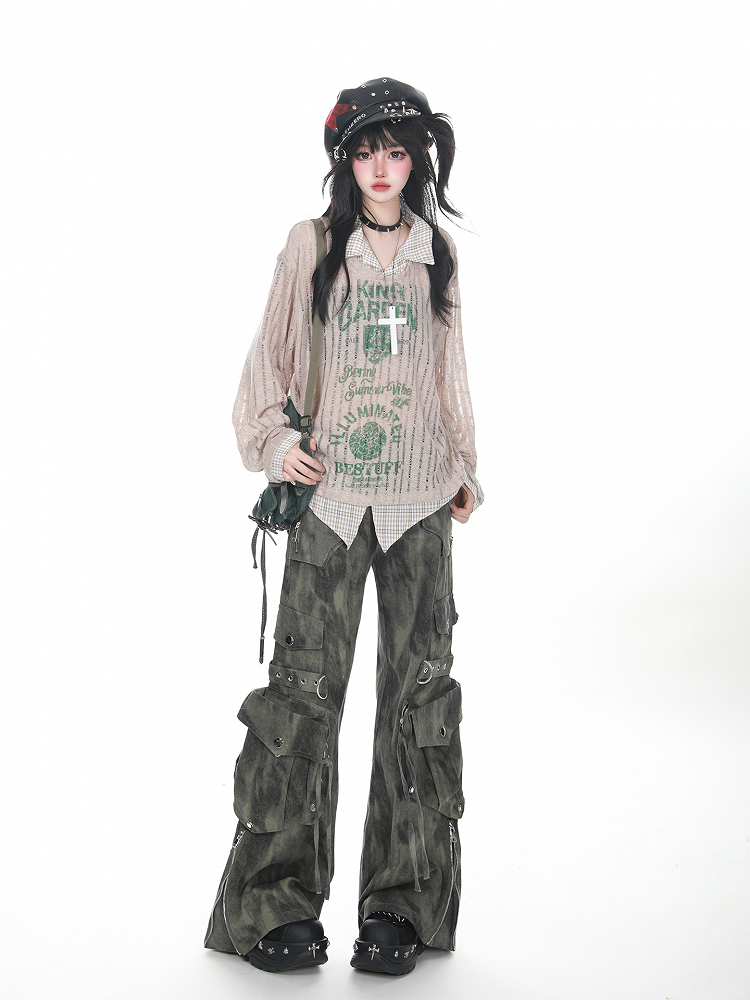 Gray/Green Faded Vintage Dark Wash Wide-Leg Cargo Jeans with Zippered Cuffs