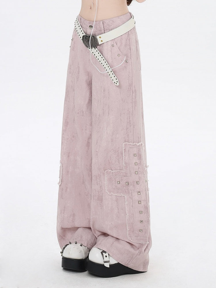 Studded Cross Appliques Wide-Leg Jeans Waist Light Pink Low