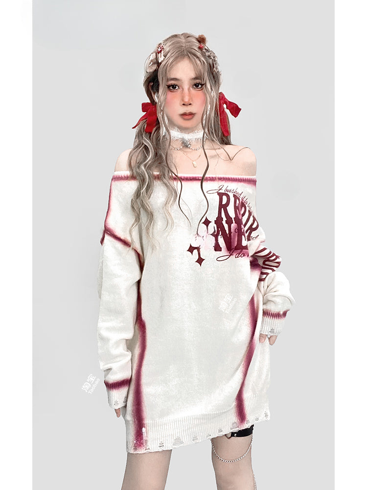 Weißer Pullover mit schulterfreiem Ausschnitt und Weihnachtsbuchstaben