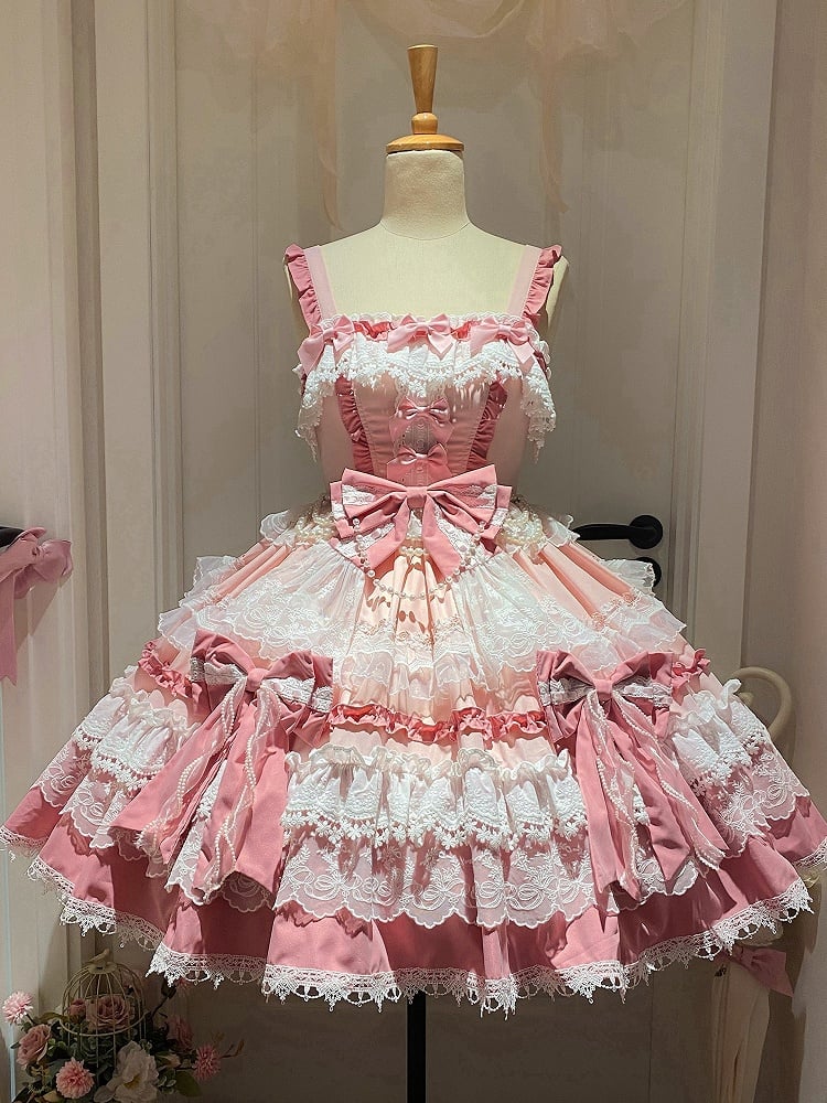 Pink Tiered Lolita Dress Sweet Bows Skirt and Details Bead Detachable