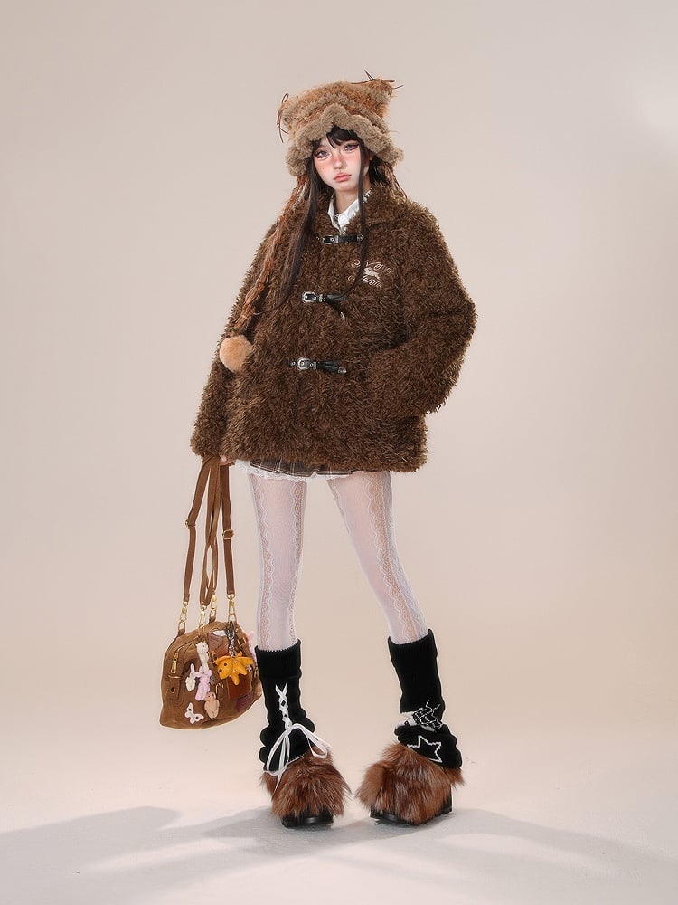 Dark Brown White Letter Buckle Straps Teddy Coat