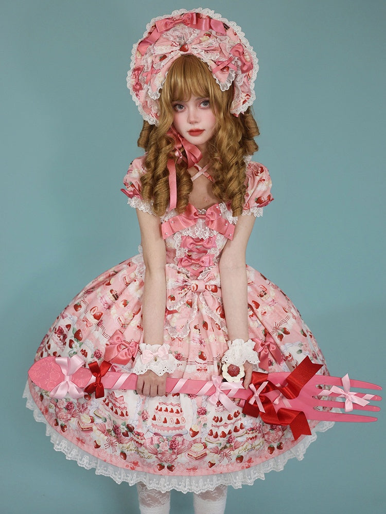 Dress Bow / Print Strawberry Lolita Full Cake Accents Sweet Pink Set