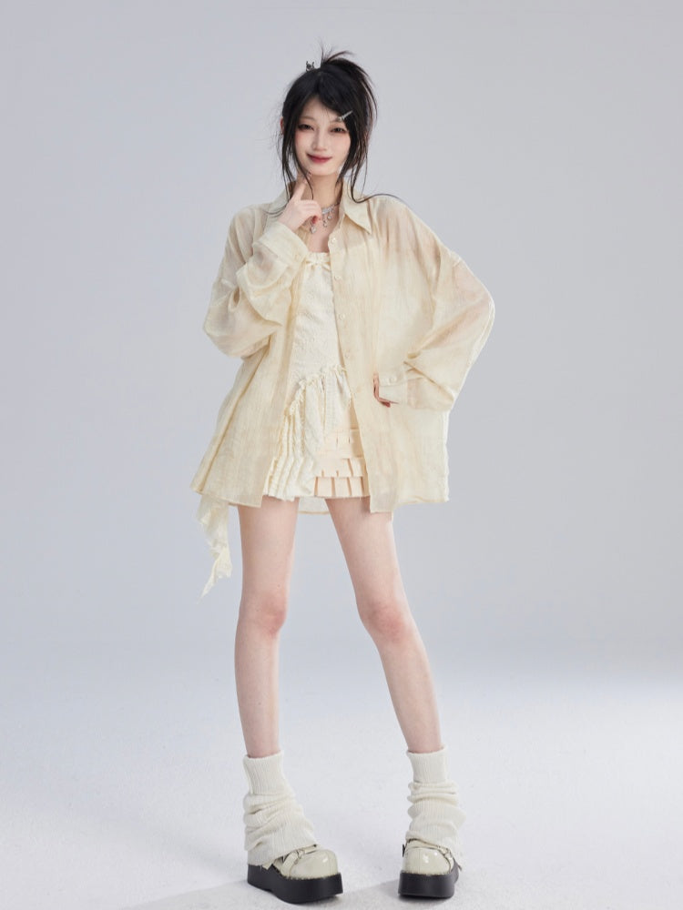 Apricot Semi-Sheer Sun Protection Shirt/Loose Shorts