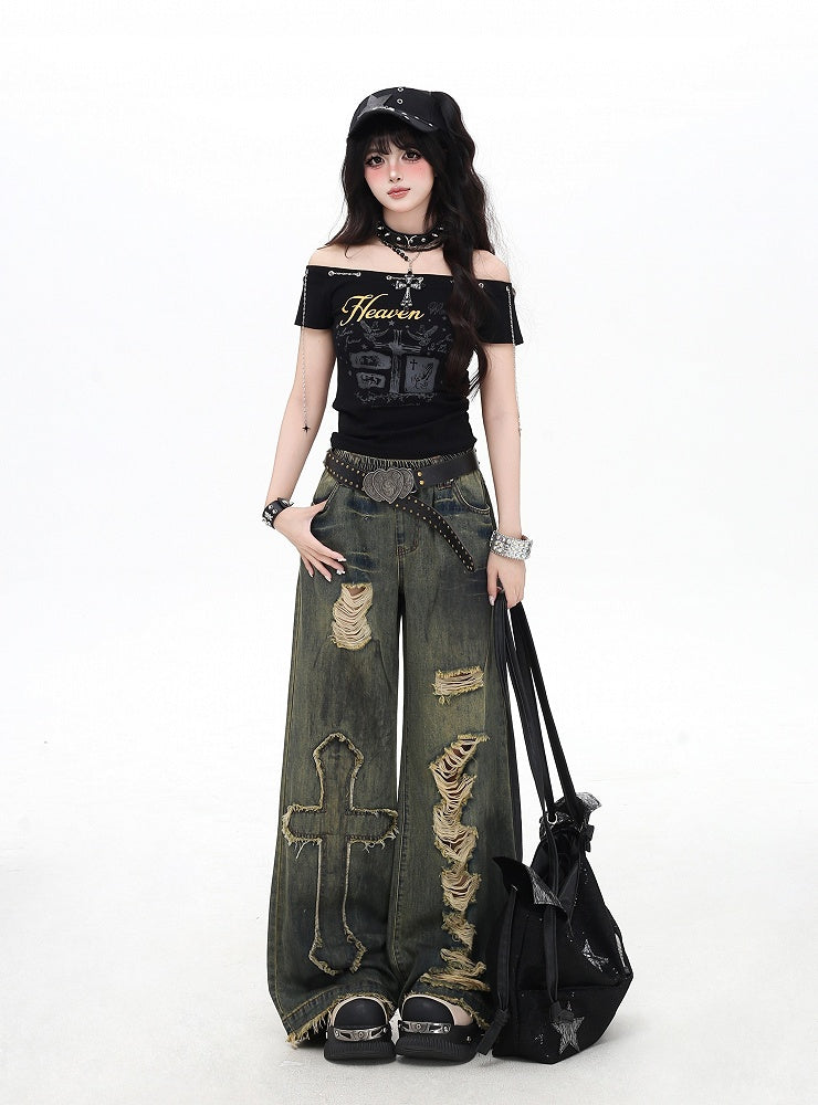 Y2K Cross Applique Blue Distressed Holes Wide-Leg Jeans Vintage