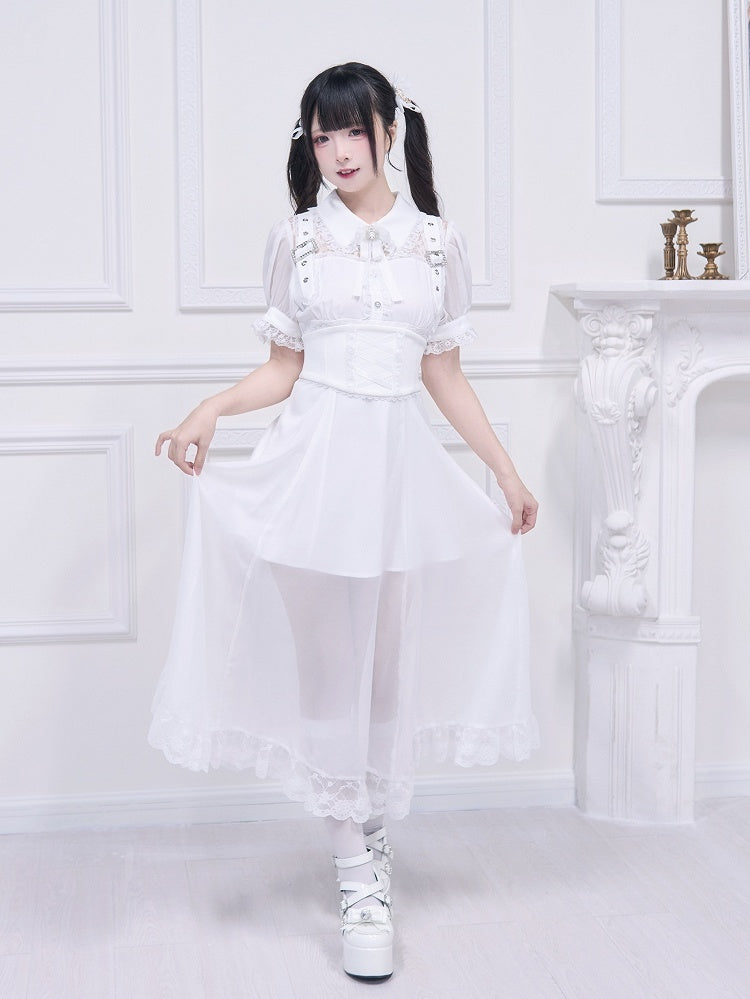 Free Belt Neckline Buckle Jirai Kei White Long Dress Illusion Accents Corset with