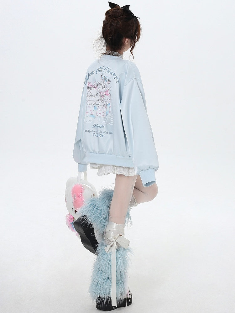Hellblau/Pink Katzen Frühling Baseballjacke